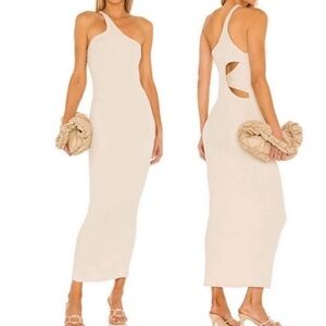 The Line by K Gael Asymmetrical One Shoulder Ribbed Maxi Dress in Oat Tan M